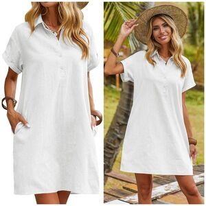 Zeagoo Womens White Cotton Shirt Short Sleeve Button Down Summer Shirt Dress S